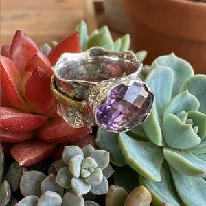 Arya Design Signed 925 Sterling Silver Gold Amethyst Hammered Boho Ring Size 8